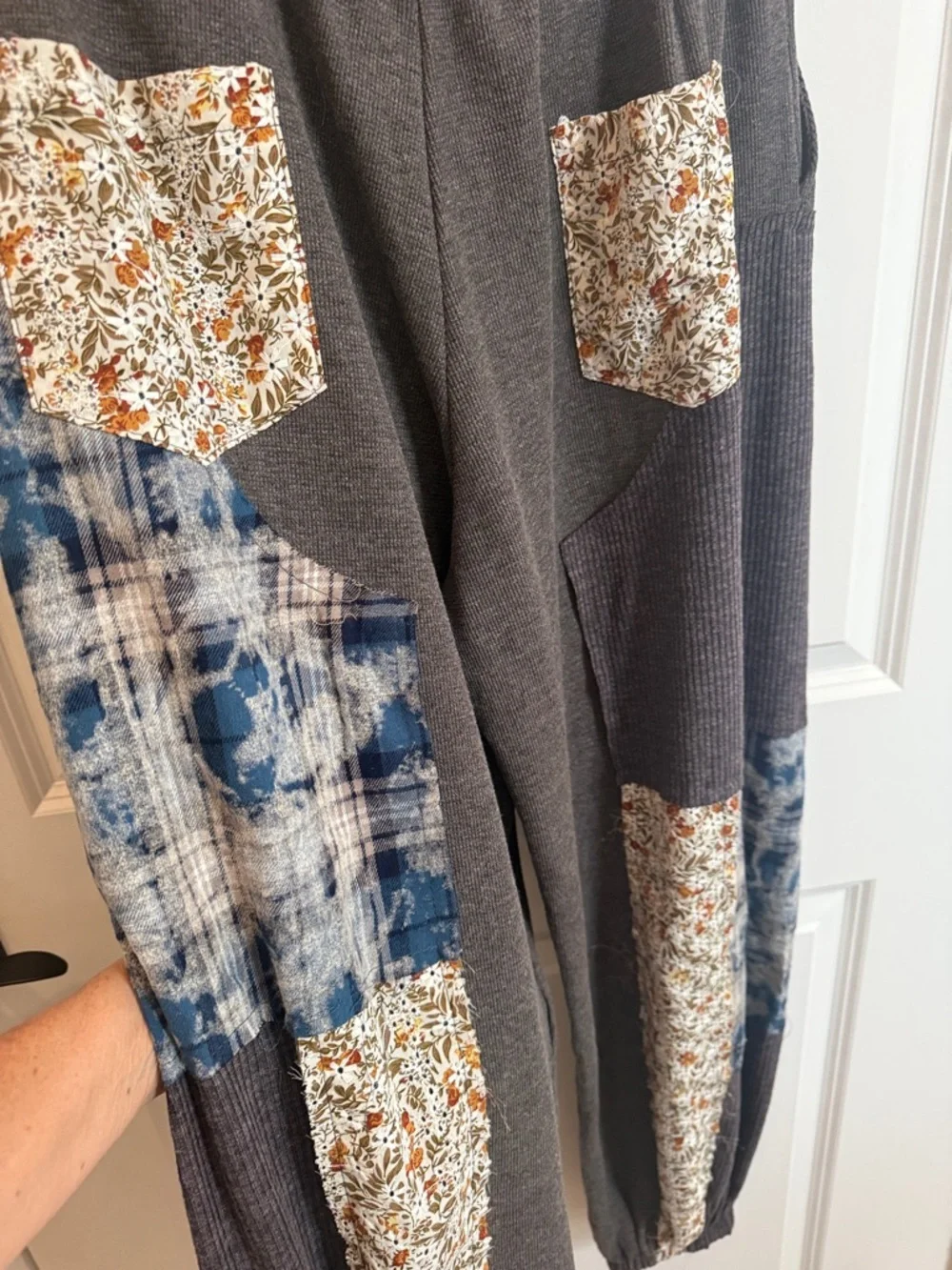 POL Gray Jogger Pants with Blue Patchwork and Floral Drawstrings - Picture 12 of 17